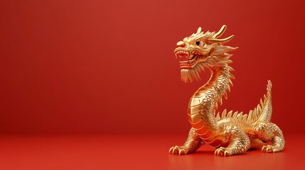 Obraz premium Golden Dragon Statue On Red Background For Lunar New Year Celebration With Copy Space Area