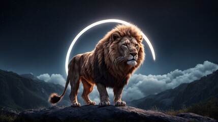 Majestic lion standing on rock with glowing circle against celestial sky