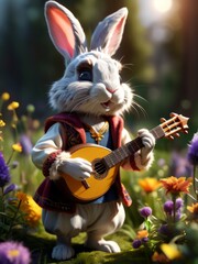 Charming rabbit playing a guitar in a vibrant floral meadow at sunrise