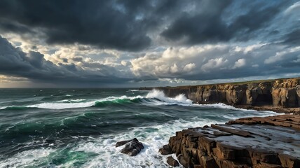 Obraz premium A Rugged Coastline with Waves and Dark Skies 