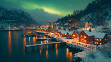 Fototapeta premium Town in polar region on a fjord bank, northern lights in the night sky