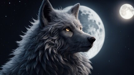 Majestic white wolf gazes at the moonlit night sky in wilderness scene