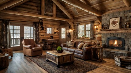 Naklejka premium interior design of a rustic log cabin