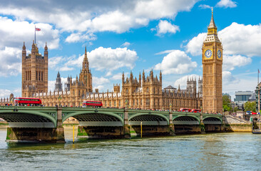 Big Ben tower of Houses of Parliament and Westminster bridge, London, UK