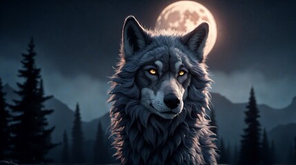 Majestic wolf under a full moon in a serene forest landscape
