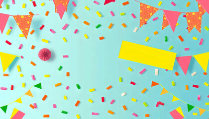 blue background with colorful confetti and streamers