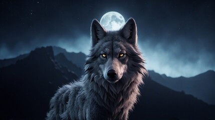 Majestic wolf under the full moon gazing into the night sky