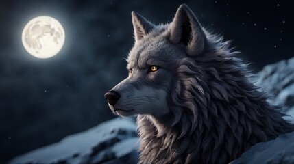 Majestic wolf gazing at the full moon in a snowy landscape