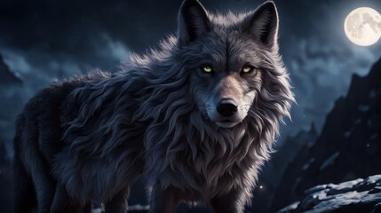 Majestic wolf under a full moon in a mystical mountainous landscape