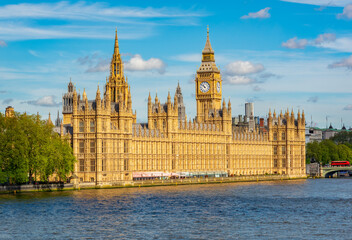 Houses of parliament and Big Ben tower with Thames river, London, UK