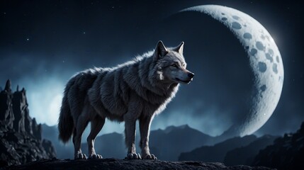 Majestic wolf standing under a full moon in a mountainous landscape