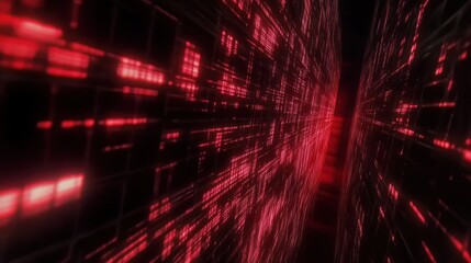 Cylindrical digital red corridor with a deep glow effect