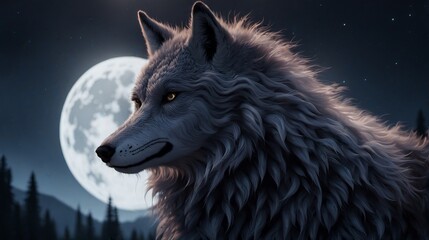 Majestic wolf under a full moon with a starry night sky backdrop