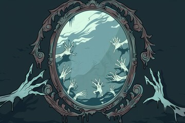 A dark mirror reflecting eerie, ghostly hands reaching out from an unknown realm.