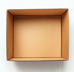 Fototapeta premium Top view of an empty cardboard box on white background