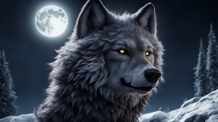 Majestic wolf under full moonlight in a snowy forest landscape