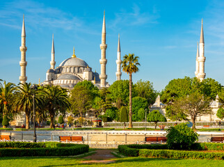 Blue or Sultan Ahmed mosque in Sultanahmet square in center of Istanbul, Turkey