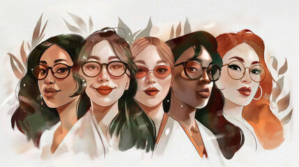Group of diverse women, showcasing unity and strength, in a colorful watercolor portrait International Womene's Day celebration