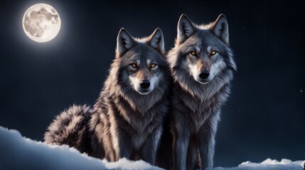 Two wolves poised under the full moon in a snowy winter landscape