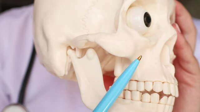 Doctor hand holding simple human skull model and pointing zygomatic bone with a pen close up