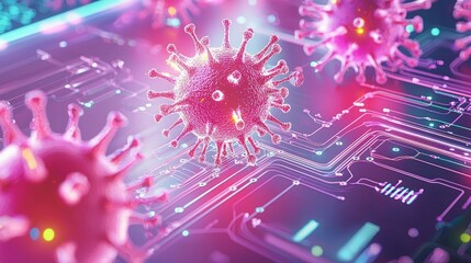 Fototapeta premium A vibrant digital representation of viruses interacting with a high-tech background, symbolizing the intersection of biology and technology.