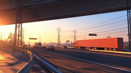 Lorry Overtaking Cars on Urban Expressway at Evening