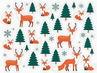 Naklejka premium Winter Wonderland: Adorable Foxes and Reindeer in a Festive Forest Scene