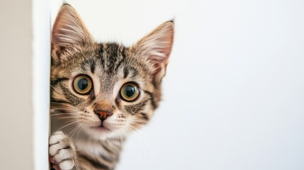 Curious cat peeking around corner indoor home setting animal photography cozy environment close-up view whimsical concept
