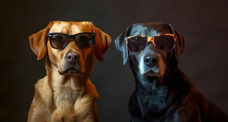 two dogs posing with sunglasses on a dark background