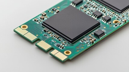 A close-up of a green circuit board featuring black microchips and electronic components, showcasing detailed circuitry.