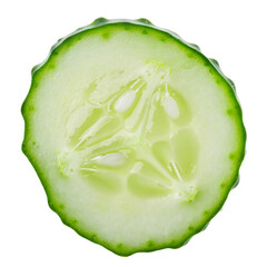 Vibrant close up of a fresh cucumber slice with seeds and green skin, set against a transparent background