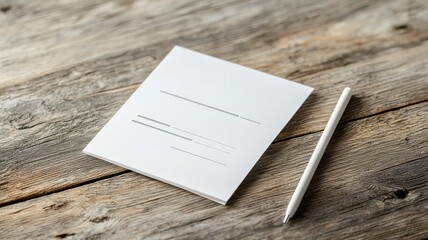 A minimalistic notepad and a pen resting on a rustic wooden surface, ideal for writing notes or ideas.
