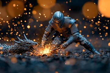 Fototapeta premium A battle scene of a knight facing off against a dragon, flames and smoke swirling around them in dramatic intensity