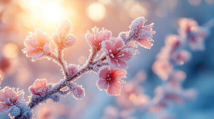 Winter background with frost-covered branches glistening in the soft morning light