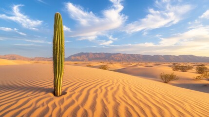 Naklejka premium Desert landscape featuring a lone cactus dunes in the background nature photography arid environment wide angle serenity concept
