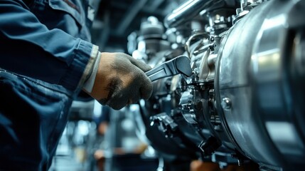 A mechanical engineer holding a wrench and adjusting components on a large industrial generator, detailed close-up scene 