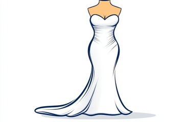 A clean flat vector of a wedding dress with a long train, drawn with simple lines and subtle shading on a crisp white canvas
