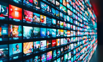 A vibrant display of multiple screens showcasing various colorful media content in a modern, tech-savvy environment.