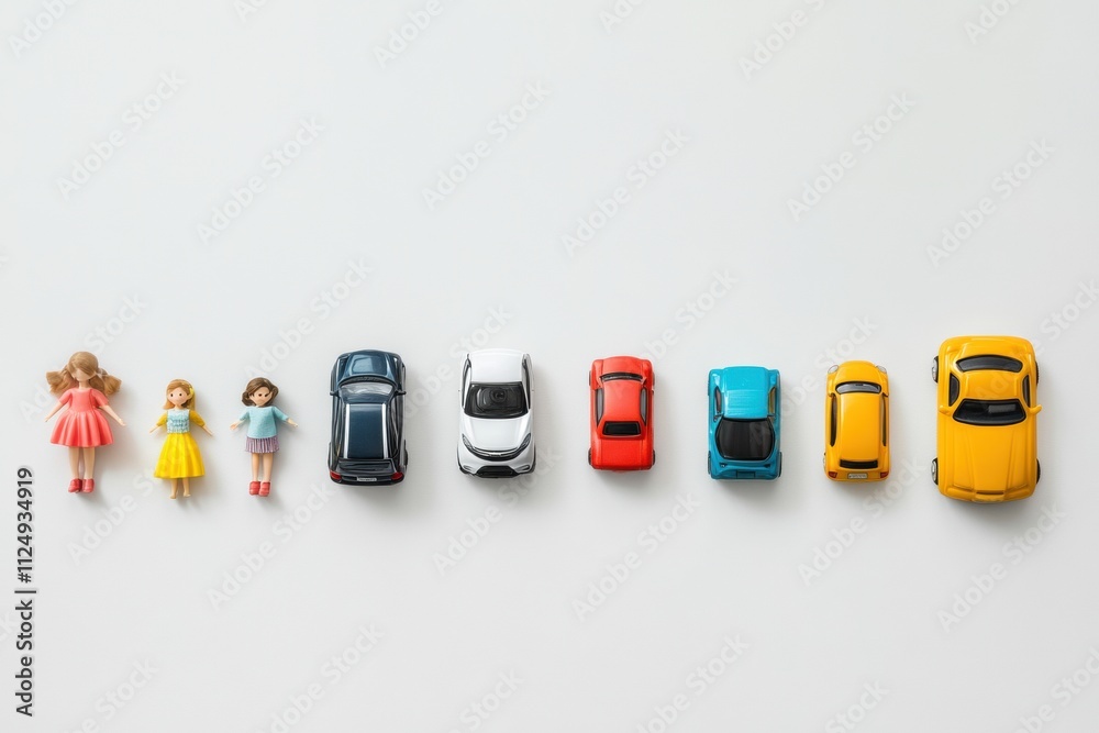 Poster a flat lay features vibrant toy cars and dolls arranged on a white surface, leaving ample space for 