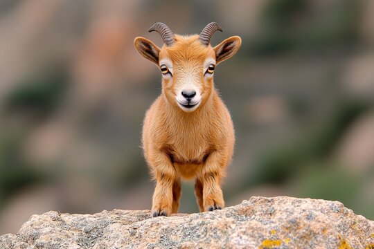 A close-up of a dwarf goat kid standing on a rock, with its playful expression and small horns highlighted