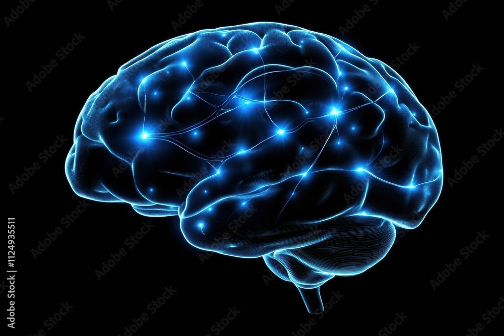 Poster A close-up shows a brain with glowing blue neural pathways, revealing complex neuronal connections in a dark setting. Generative AI