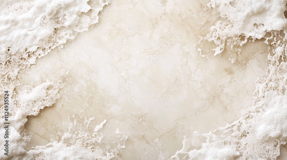 Poster white sea foam creating a frame on beige marble surface