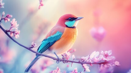 Colorful bird perched on a blossoming branch.