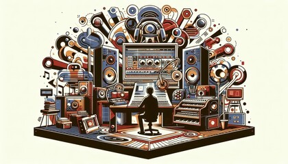 Fototapeta premium musician playing synthesizers in recording studio abstract illustration music creation content created with generative AI software