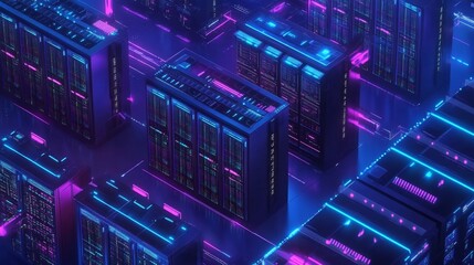 Futuristic data center environment high-tech servers digital landscape nighttime view cyberpunk concept for technology innovation
