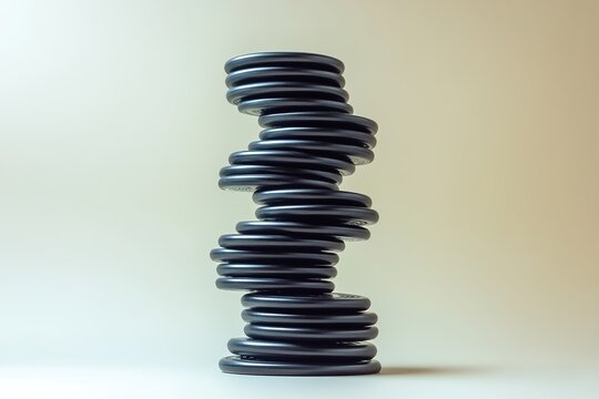 Stack of black disks forming helix shape on light background.