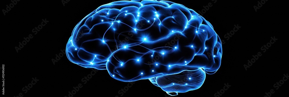 Poster this close-up view presents a brain with vibrant blue neural pathways, highlighting intricate connec
