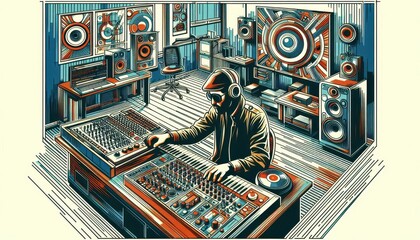 Fototapeta premium musician playing synthesizers in recording studio abstract illustration music creation content created with generative AI software