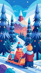 A family of three children are riding a sled down a snowy hill