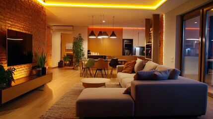 Modern apartment interior at night with warm lighting, brick wall, comfortable sofa, and open-plan kitchen.